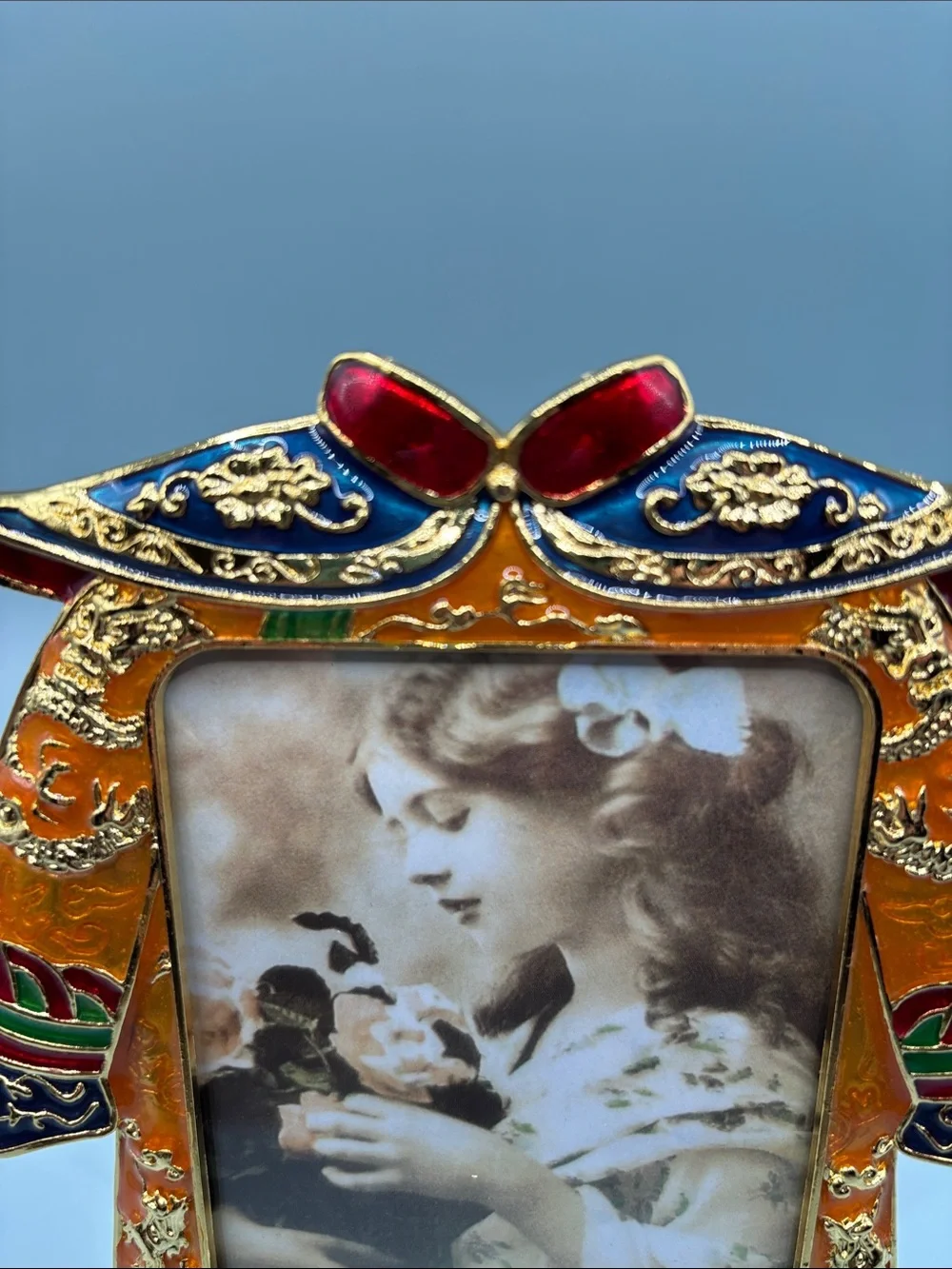 Enamel Emperor Empress Kimono Photo Frame Set - Red and Gold